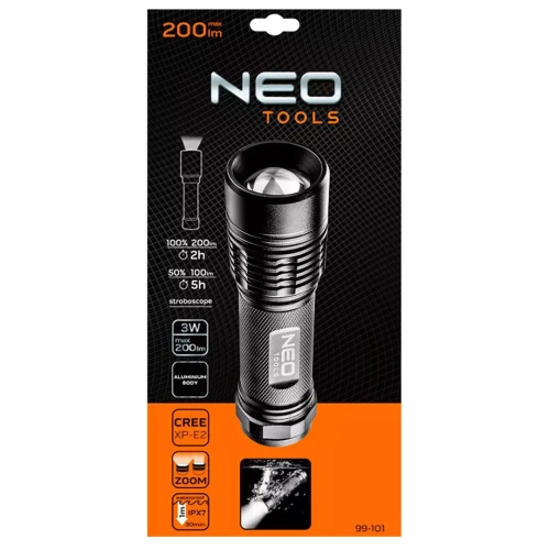 Aluminiowa latarka 200 lum, zoom, IPX7, 3xAAA