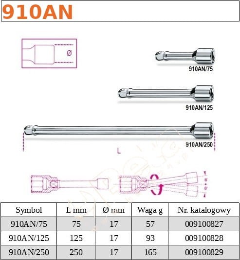 Przedłużacze 3/8" z zabierakiem kulistym Beta 910AN  75mm